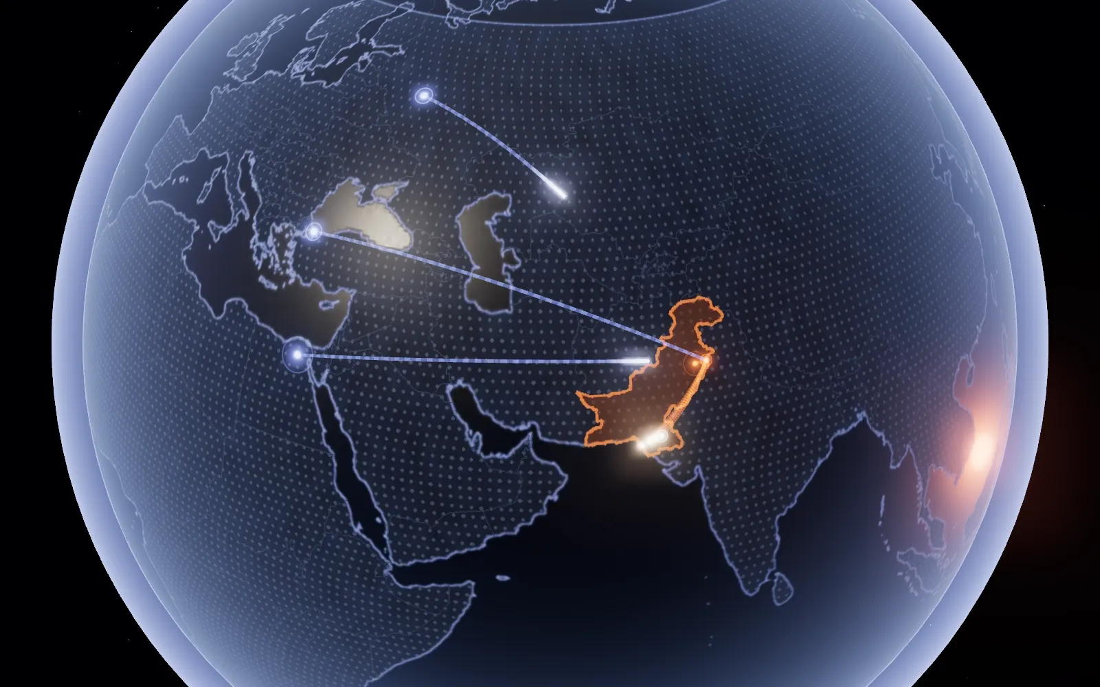 A 3D globe with routes from Pakistan to Turkey, Egypt, Russia and Singapore
